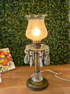 Vintage Boudoir Glass Crystal Teardrop Table Lamp - Frosted Floral Shade